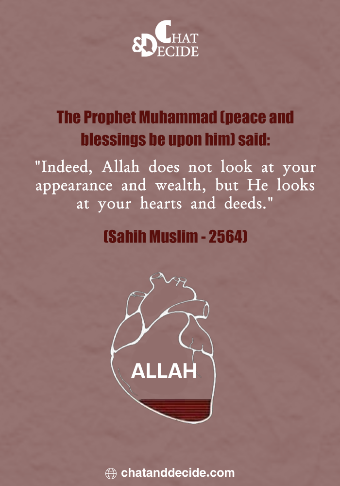 )10   The Prophet Muhammad (peace be upon him) said: “Indeed, Allah does not look at your appearances or wealth, but He looks at your hearts and deeds.” (Sahih Muslim 2564)