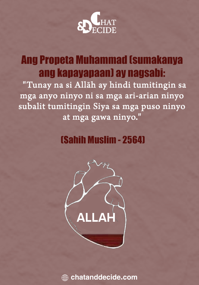 Ang Propeta Muhammad (sumakanya ang kapayapaan) ay nagsabi: "Tunay na si Allāh ay hindi tumitingin sa mga anyo ninyo ni sa mga ari-arian ninyo subalit tumitingin Siya sa mga puso ninyo at mga
