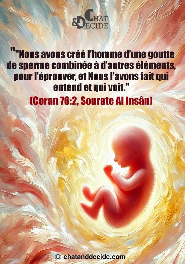 «En effet, Nous avons créé l’homme d’une goutte de sperme mélangé [aux composantes diverses] pour le mettre à l’épreuve. [C’est pourquoi] Nous l’avons fait entendant et voyant.» (Coran 76:2, 